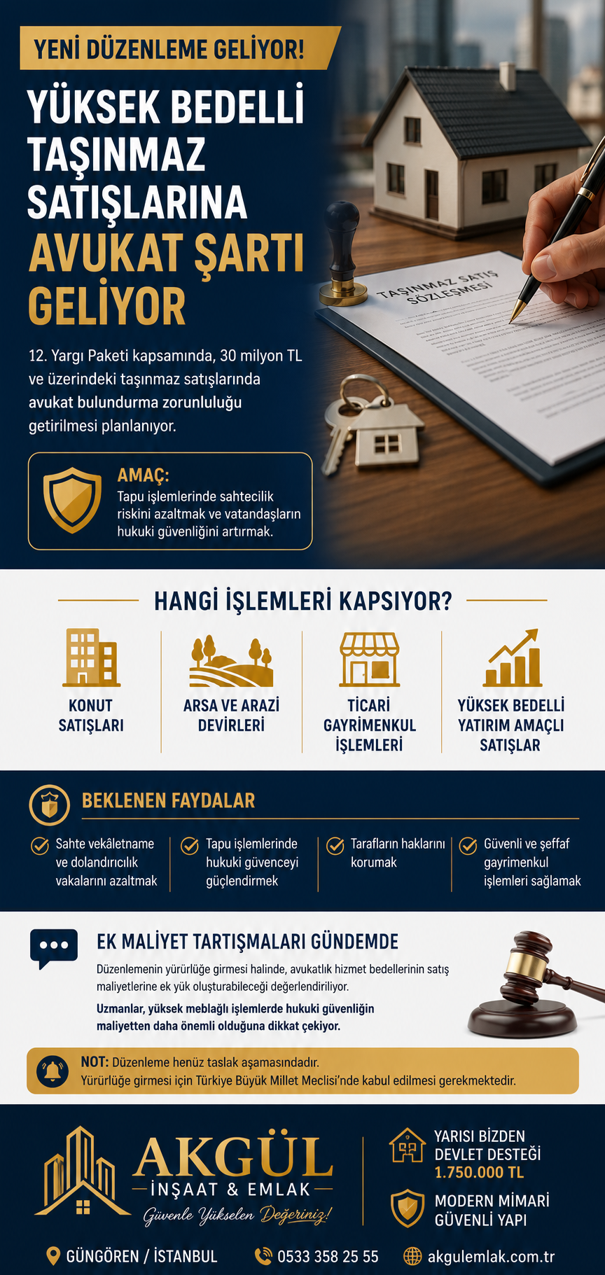 Yüksek Bedelli Taşınmaz Satışlarına Avukat Şartı Geliyor Tapu işlemlerinde güvenliği artırmaya yönelik önemli bir düzenleme gündemde. 12. Yargı Paketi kapsamında, 30 milyon TL ve üzerindeki taşınmaz satışlarında avukat bulundurma zorunluluğu getirilmesi planlanıyor. Yeni düzenleme ile özellikle yüksek bedelli konut, arsa, iş yeri ve ticari gayrimenkul satışlarında sahtecilik ve dolandırıcılık risklerinin azaltılması hedefleniyor. Avukatların sürece dahil olmasıyla birlikte satış sözleşmeleri, ödeme süreçleri ve tapu devri işlemlerinin daha güvenli hale gelmesi amaçlanıyor. Hangi İşlemleri Kapsıyor? Planlanan düzenleme; Konut satışlarını, Arsa ve arazi devirlerini, Ticari gayrimenkul işlemlerini, Yüksek bedelli yatırım amaçlı satışları kapsayacak. Amaç Ne? Yetkililer, son yıllarda artan sahte vekâletname ve dolandırıcılık vakalarına karşı vatandaşların haklarını korumayı ve tapu işlemlerinde hukuki güvenceyi güçlendirmeyi hedefliyor. Ek Maliyet Tartışmaları Gündemde Düzenlemenin yürürlüğe girmesi halinde, avukatlık hizmet bedellerinin satış maliyetlerine ek yük oluşturabileceği yönünde değerlendirmeler de yapılıyor. Ancak uzmanlar, yüksek meblağlı işlemlerde hukuki güvenliğin maliyetten daha önemli olduğuna dikkat çekiyor. Not: Düzenleme henüz taslak aşamasında olup, yürürlüğe girmesi için Türkiye Büyük Millet Meclisi'nde kabul edilmesi gerekiyor.